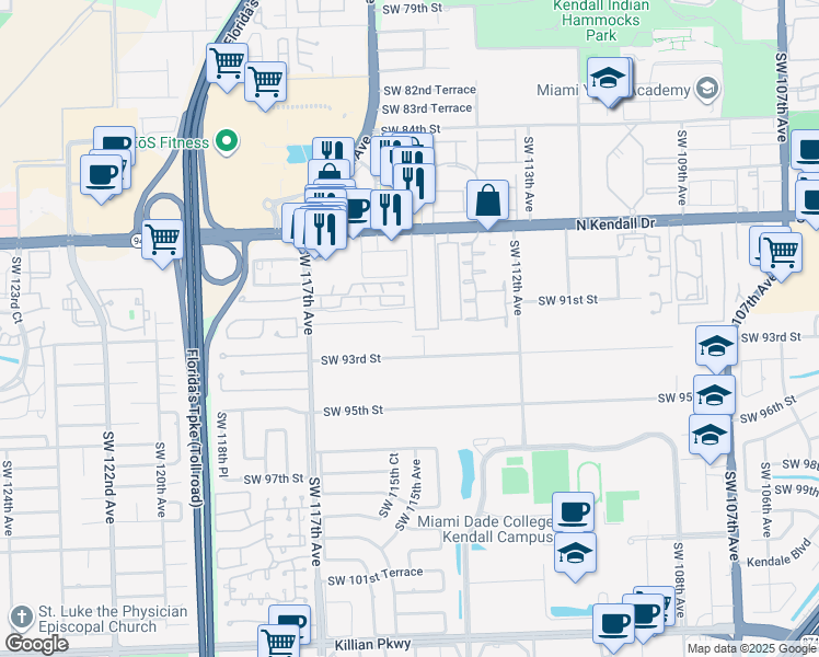 map of restaurants, bars, coffee shops, grocery stores, and more near 11510 Southwest 92nd Street in Miami