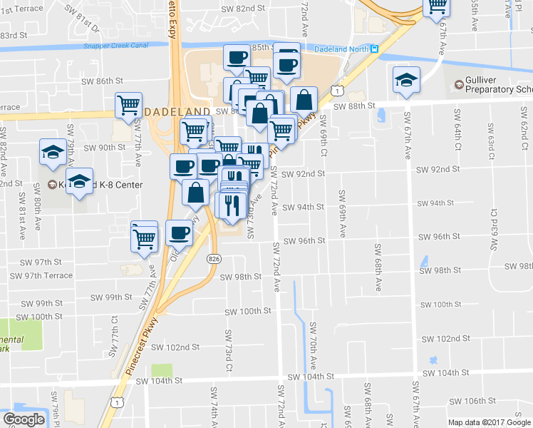 map of restaurants, bars, coffee shops, grocery stores, and more near 9430 Southwest 72nd Avenue in Miami