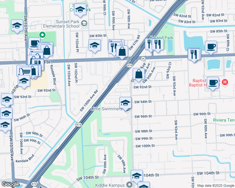 map of restaurants, bars, coffee shops, grocery stores, and more near 9776 Southwest 92nd Terrace in Miami