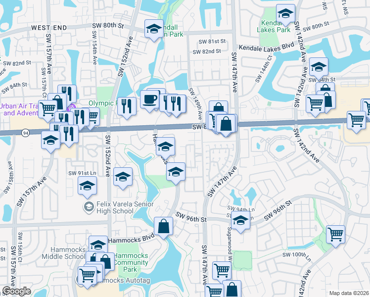 map of restaurants, bars, coffee shops, grocery stores, and more near 15012 Southwest 89th Terrace in Miami