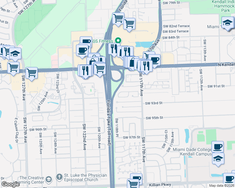 map of restaurants, bars, coffee shops, grocery stores, and more near 9138 Southwest 118th Court in Miami