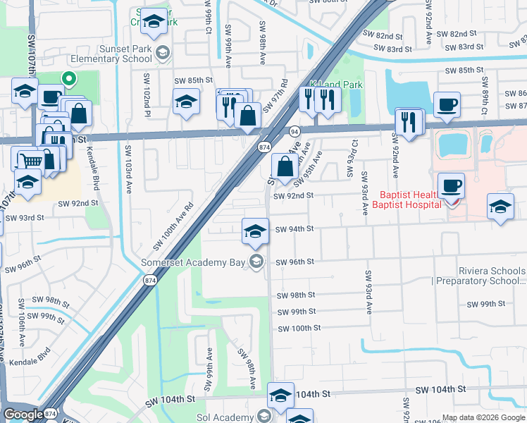 map of restaurants, bars, coffee shops, grocery stores, and more near 9706 Southwest 92nd Terrace in Miami