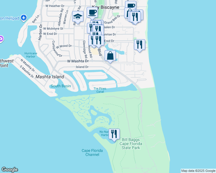 map of restaurants, bars, coffee shops, grocery stores, and more near 150 Cape Florida Drive in Key Biscayne