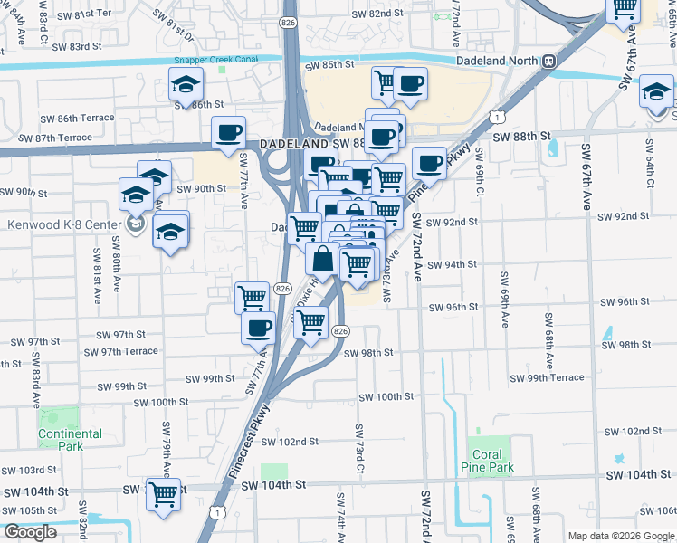 map of restaurants, bars, coffee shops, grocery stores, and more near 9406 South Dixie Highway in Pinecrest