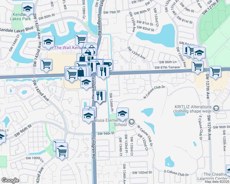map of restaurants, bars, coffee shops, grocery stores, and more near 13444 Southwest 90th Terrace in Miami
