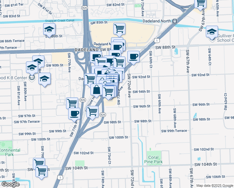 map of restaurants, bars, coffee shops, grocery stores, and more near 9400 Southwest 73rd Avenue in Miami