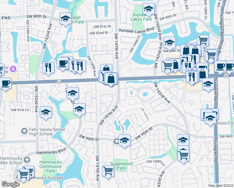 map of restaurants, bars, coffee shops, grocery stores, and more near 9124 Southwest 147th Avenue in Miami