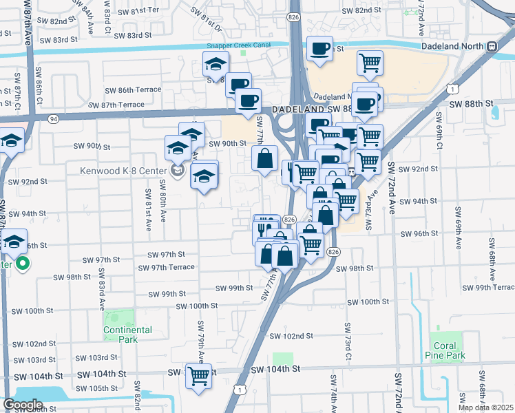 map of restaurants, bars, coffee shops, grocery stores, and more near 9400 Southwest 77th Avenue in Miami