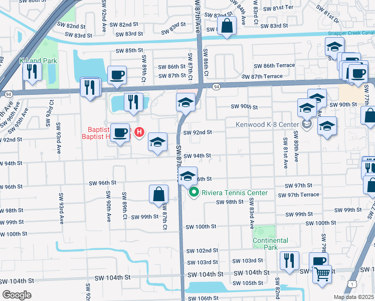 map of restaurants, bars, coffee shops, grocery stores, and more near 8601 Southwest 94th Street in Miami