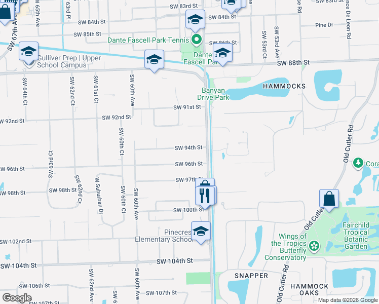 map of restaurants, bars, coffee shops, grocery stores, and more near 5768 Southwest 94th Street in Miami
