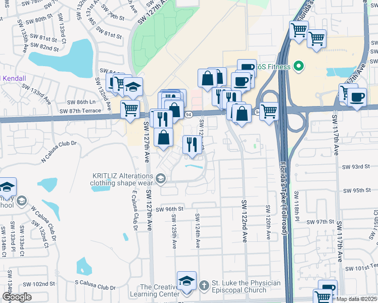 map of restaurants, bars, coffee shops, grocery stores, and more near 9015 Southwest 125th Avenue in Miami