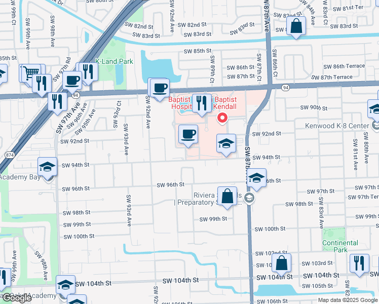 map of restaurants, bars, coffee shops, grocery stores, and more near 8900 North Kendall Drive in Miami