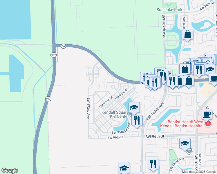 map of restaurants, bars, coffee shops, grocery stores, and more near 17006 Southwest 90th Terrace in Miami