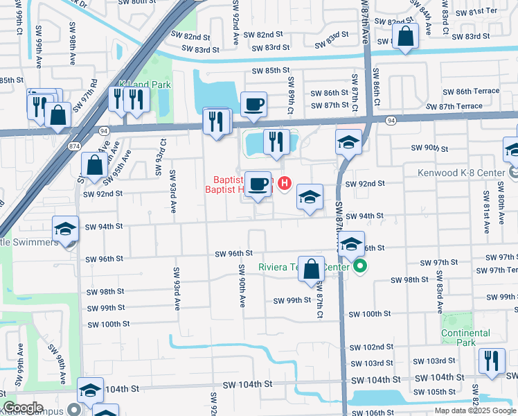 map of restaurants, bars, coffee shops, grocery stores, and more near 8900 North Kendall Drive in Miami