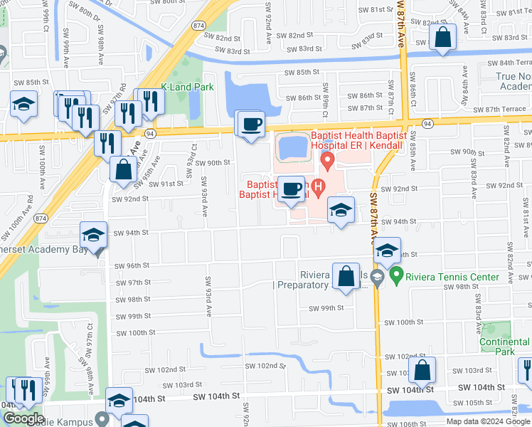 map of restaurants, bars, coffee shops, grocery stores, and more near 9001 Southwest 94th Street in Miami