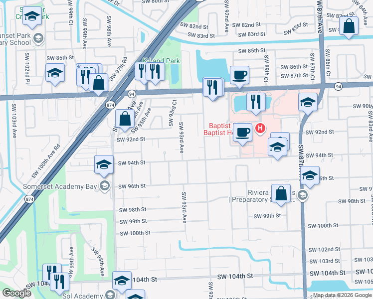 map of restaurants, bars, coffee shops, grocery stores, and more near 9310 Southwest 93rd Avenue in Miami