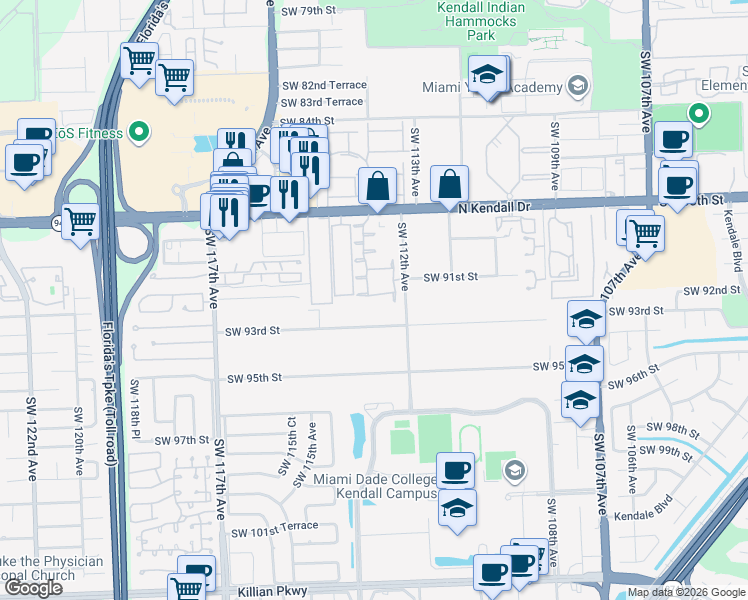 map of restaurants, bars, coffee shops, grocery stores, and more near 11262 Southwest 91st Terrace in Miami
