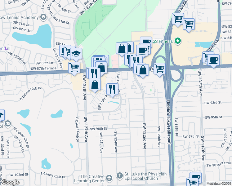 map of restaurants, bars, coffee shops, grocery stores, and more near 9015 Southwest 125th Avenue in Miami