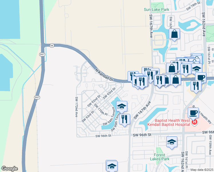 map of restaurants, bars, coffee shops, grocery stores, and more near 16953 Southwest 92nd Street in Miami