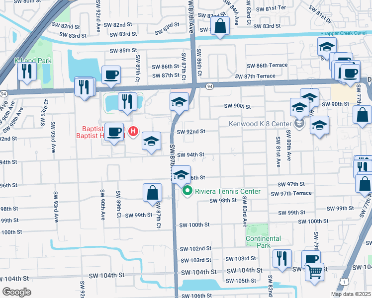 map of restaurants, bars, coffee shops, grocery stores, and more near 8601 Southwest 94th Street in Miami