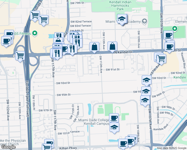 map of restaurants, bars, coffee shops, grocery stores, and more near 11262 Southwest 91st Terrace in Miami