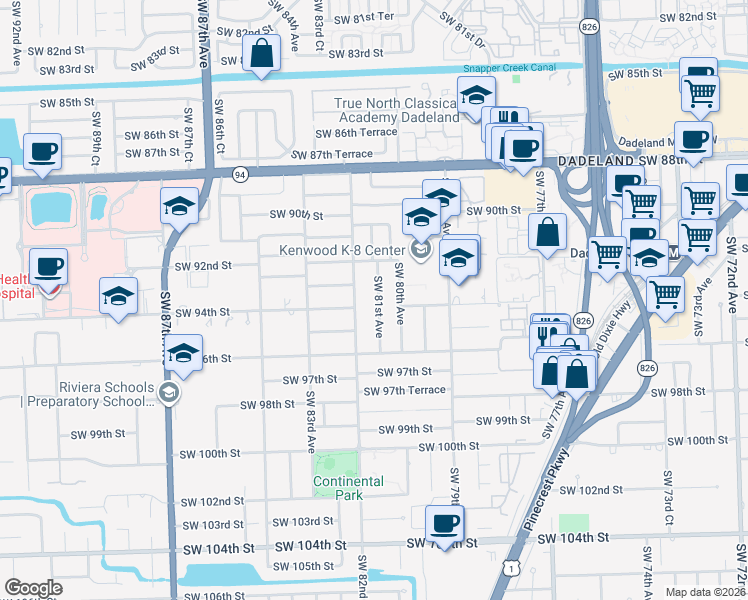 map of restaurants, bars, coffee shops, grocery stores, and more near 9380 Southwest 81st Avenue in Miami