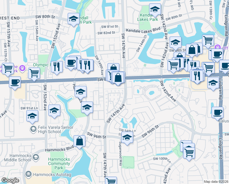 map of restaurants, bars, coffee shops, grocery stores, and more near 14815 Southwest 90th Terrace in Miami