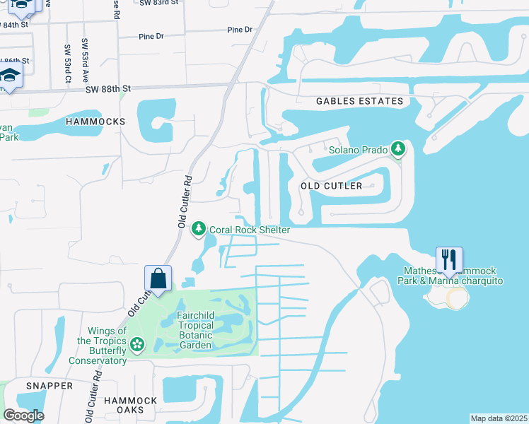 map of restaurants, bars, coffee shops, grocery stores, and more near 9370 Balada Street in Coral Gables