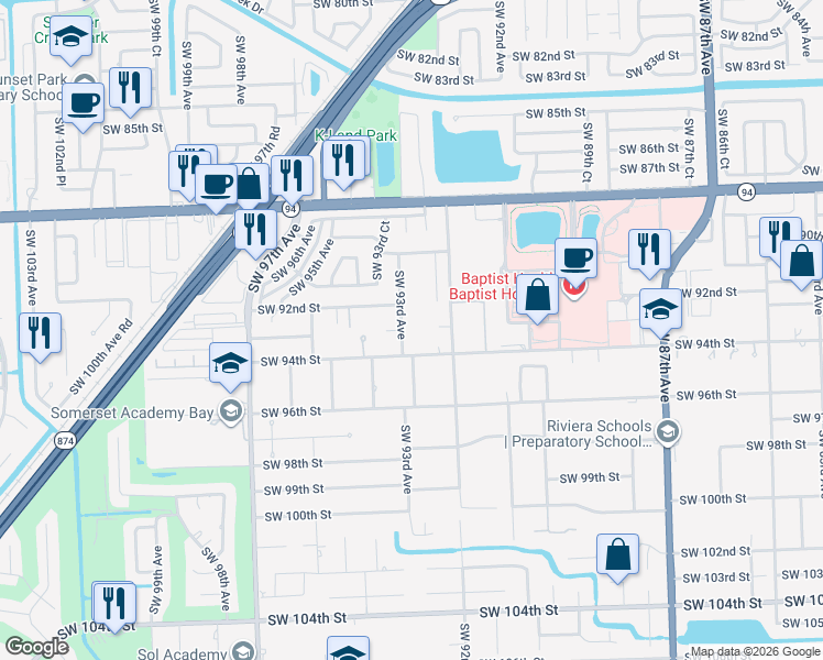map of restaurants, bars, coffee shops, grocery stores, and more near 9310 Southwest 93rd Avenue in Miami