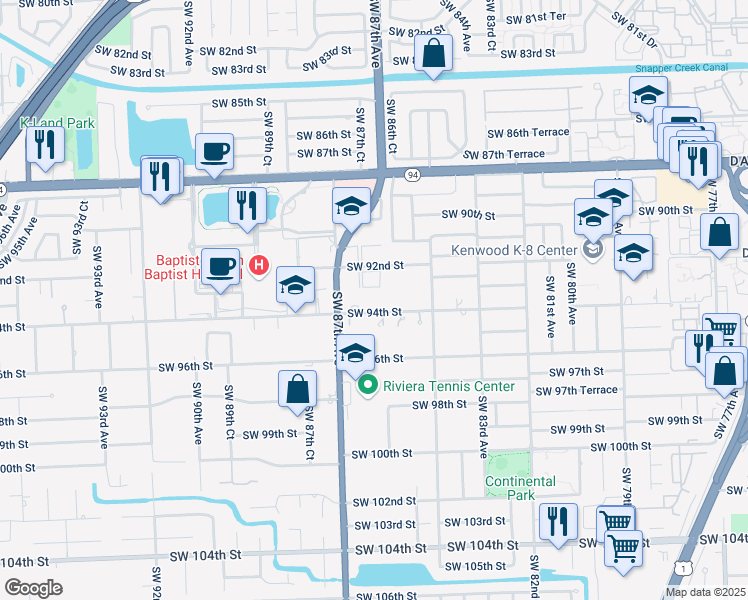 map of restaurants, bars, coffee shops, grocery stores, and more near 8601 Southwest 94th Street in Miami