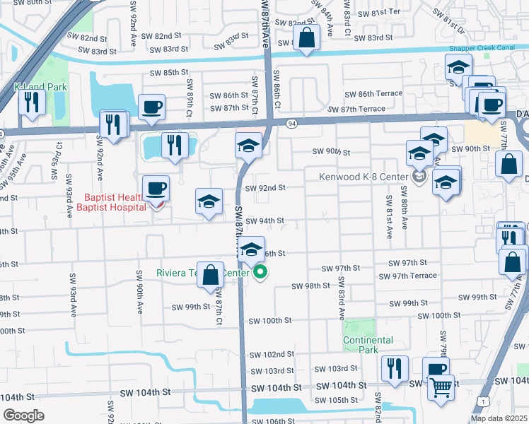 map of restaurants, bars, coffee shops, grocery stores, and more near 8601 Southwest 94th Street in Miami