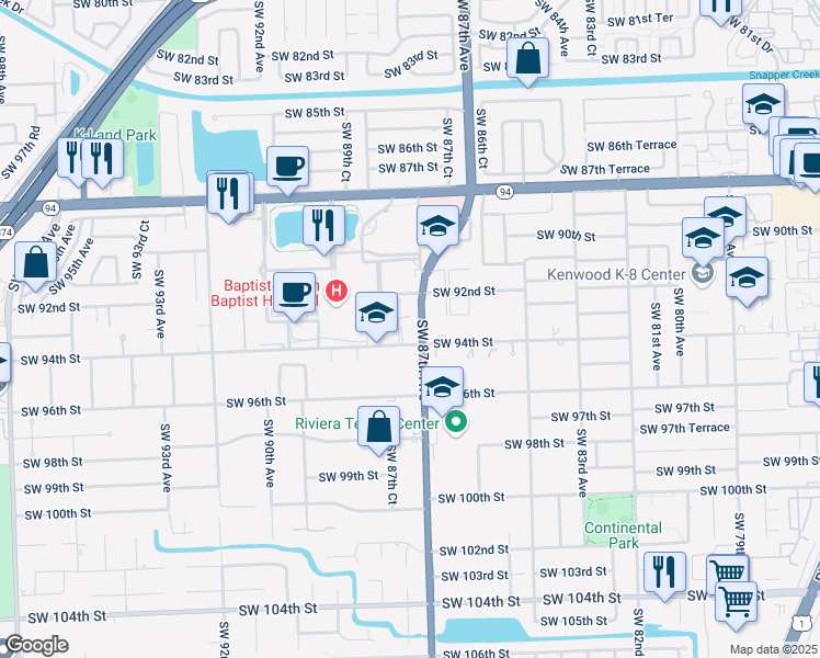 map of restaurants, bars, coffee shops, grocery stores, and more near 9360 Southwest 87th Avenue in Miami