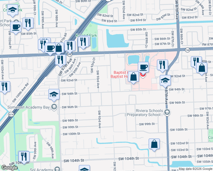 map of restaurants, bars, coffee shops, grocery stores, and more near 9242 Southwest 93rd Street in Miami