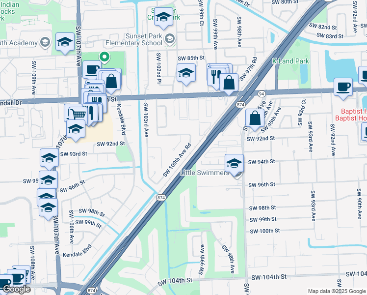map of restaurants, bars, coffee shops, grocery stores, and more near 9231 Southwest 100th Avenue Road in Miami