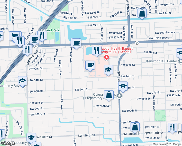 map of restaurants, bars, coffee shops, grocery stores, and more near 8900 North Kendall Drive in Miami