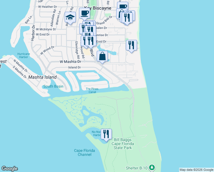 map of restaurants, bars, coffee shops, grocery stores, and more near 100 Cape Florida Drive in Key Biscayne