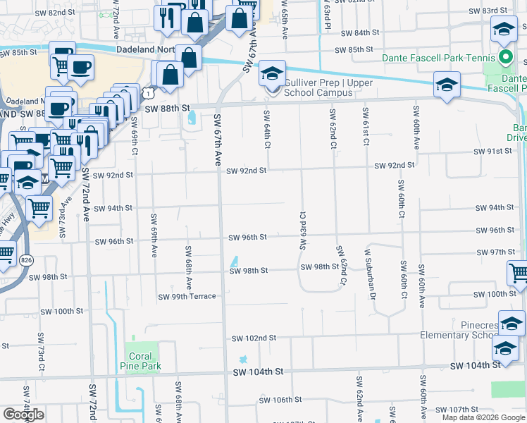 map of restaurants, bars, coffee shops, grocery stores, and more near 6500 Southwest 94th Street in Miami