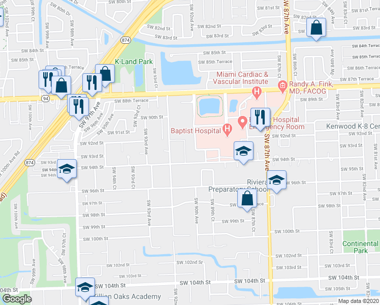 map of restaurants, bars, coffee shops, grocery stores, and more near 9001 Southwest 94th Street in Miami