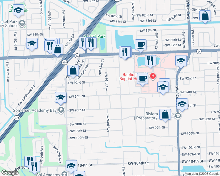 map of restaurants, bars, coffee shops, grocery stores, and more near 9242 Southwest 93rd Street in Miami