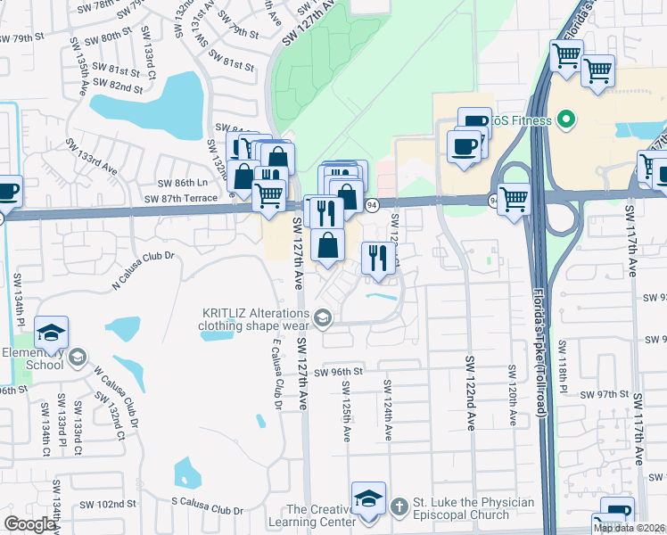 map of restaurants, bars, coffee shops, grocery stores, and more near 12625 Southwest 91st Street in Miami
