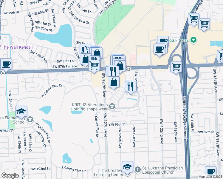 map of restaurants, bars, coffee shops, grocery stores, and more near 12615 Southwest 91st Street in Miami