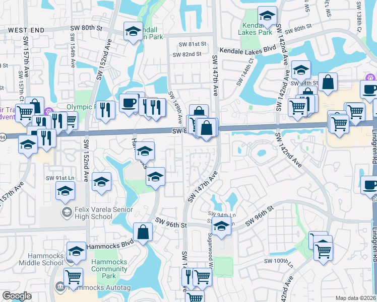 map of restaurants, bars, coffee shops, grocery stores, and more near 14914 Southwest 89th Lane in Miami