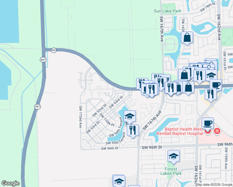 map of restaurants, bars, coffee shops, grocery stores, and more near 16953 Southwest 92nd Street in Miami