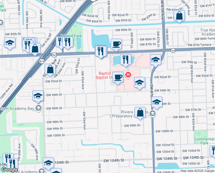 map of restaurants, bars, coffee shops, grocery stores, and more near 9001 Southwest 94th Street in Miami