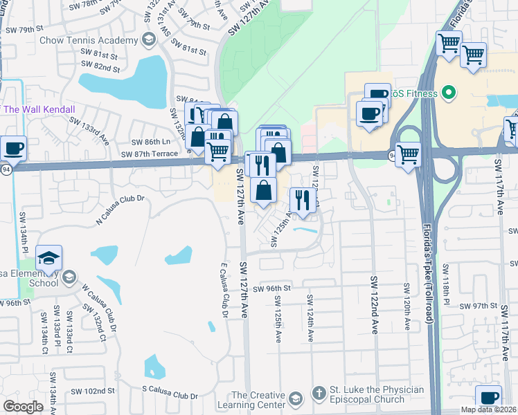 map of restaurants, bars, coffee shops, grocery stores, and more near 12615 Southwest 91st Street in Miami
