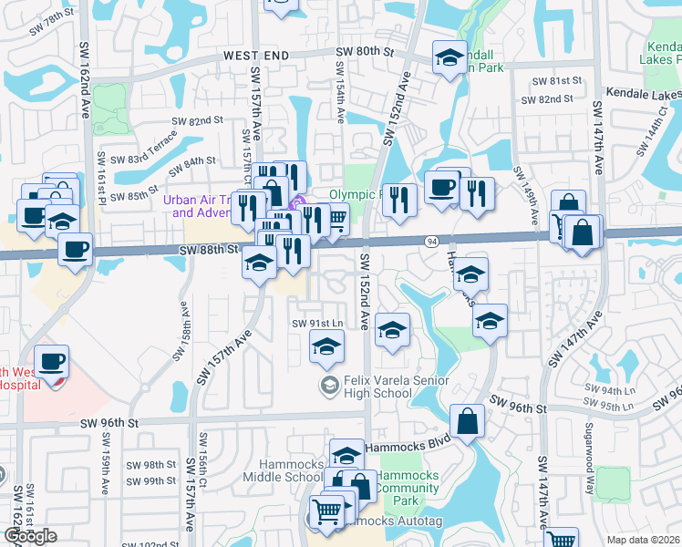map of restaurants, bars, coffee shops, grocery stores, and more near 8933 Southwest 152nd Path in Miami