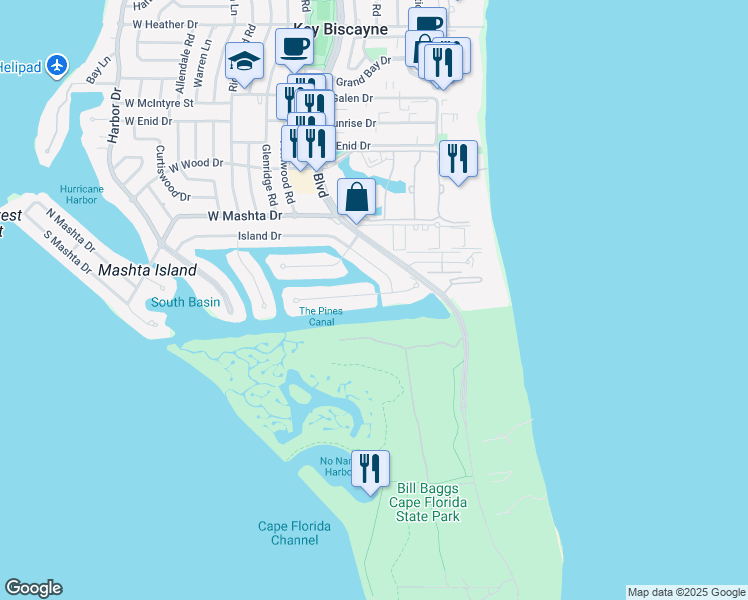 map of restaurants, bars, coffee shops, grocery stores, and more near 100 Cape Florida Drive in Key Biscayne