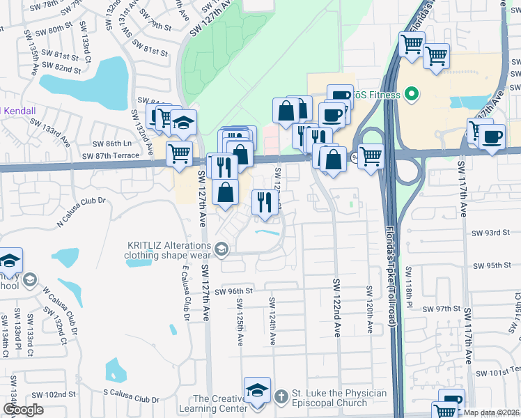 map of restaurants, bars, coffee shops, grocery stores, and more near 9015 Southwest 125th Avenue in Miami