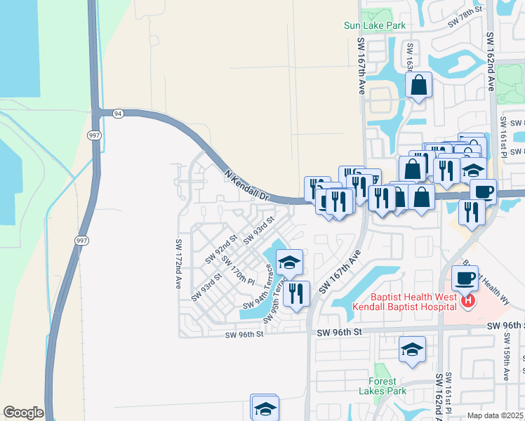 map of restaurants, bars, coffee shops, grocery stores, and more near 90th Street in Miami