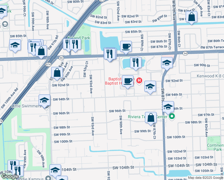 map of restaurants, bars, coffee shops, grocery stores, and more near 580 Southwest 91 Avenue in Miami